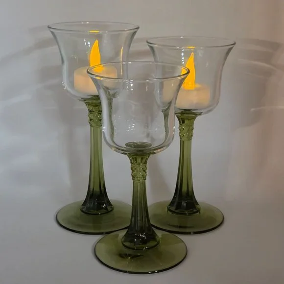 Partylite Radiant Glow Wine Glass Candle Holders Set of 3 Green Stem - Picture 7 of 7